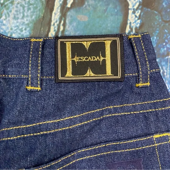 ESCADA Vintage Jeans Pants 4/6(small) 36 tapered Leg Embroidered Gold Blue 1990s - Picture 6 of 7